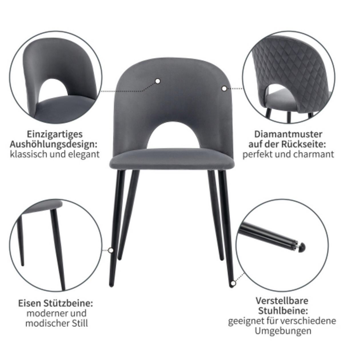 ESSGRUPPE 5-teilig mit weißem Marmor-Optik-Tisch 140x80 und vier grauen Samtstühlen als Küchentischset, weiß-grau - Grau, Textil (80/75/140cm) - Luhomfu