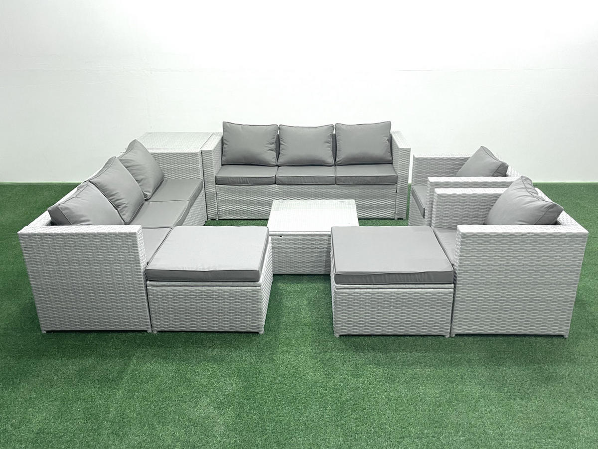 GARTENMÖBEL-SET mit Kissen Polyrattan Hellgrau-Mix 10-Sitzer - Hellgrau/Grau, Glas/Kunststoff - Fimous