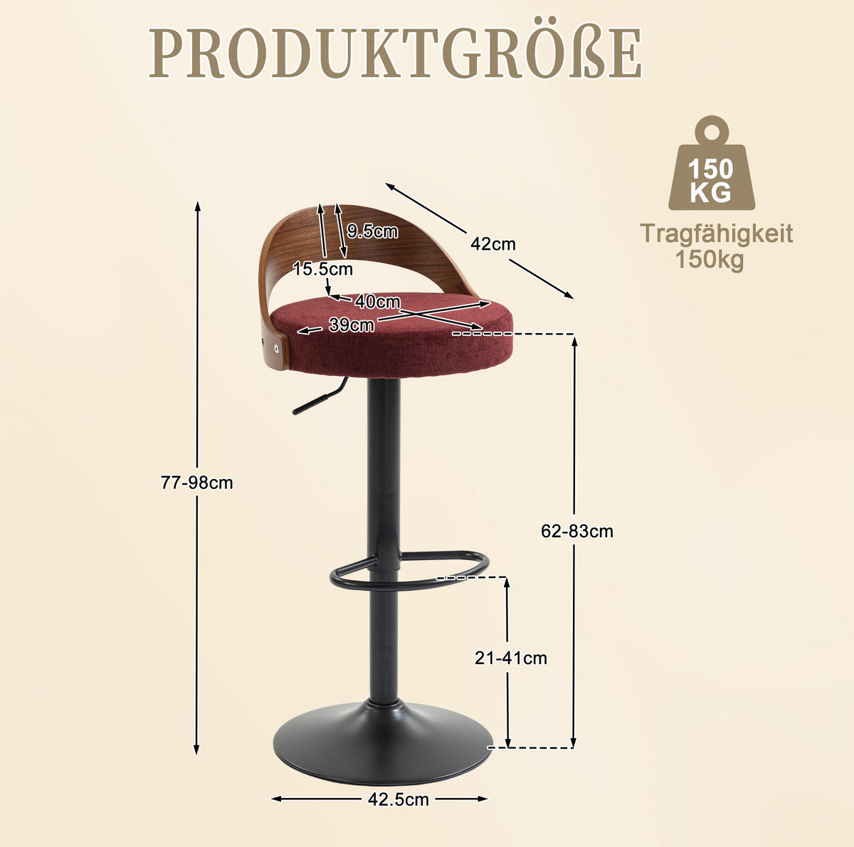 BARHOCKER 2er-Set, 360° drehbar, höhenverstellbar, Weinrot - Weinrot, Metall (42/77/42.5cm) - MIVRAY