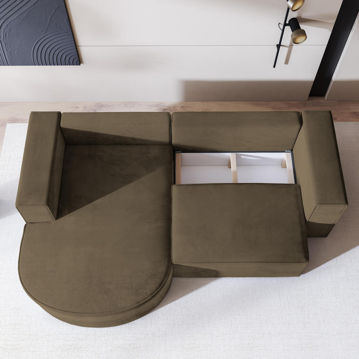 ECKSOFA SORELA M L-S Beige Velours-Stoff mit Schlaffunktion - Beige, Holz (263/174cm) - MASSENO