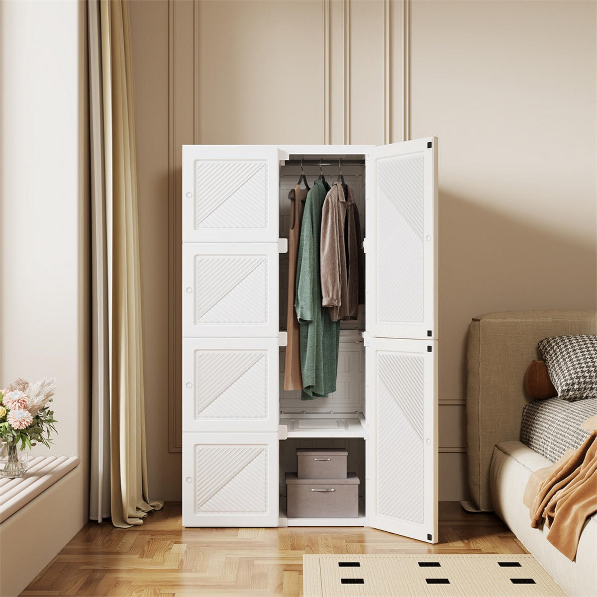 KLEIDERSCHRANK - Faltbarer Kleiderschrank mit Türen - 5 Fächer und 1 Kleiderstange - Montagefrei - Weiß - Weiß, Kunststoff (50/136/69cm) - DELFA