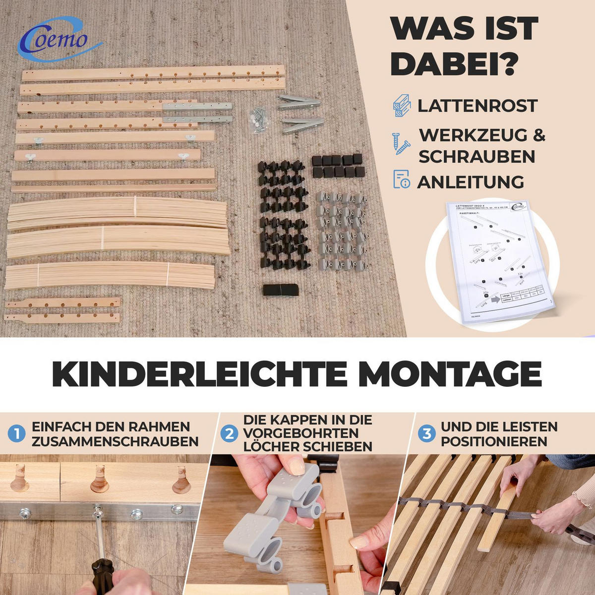 LATTENROST ERGO K 90x190 cm Kopfteil verstellbar - Naturfarben, Holz (90/190cm) - Coemo