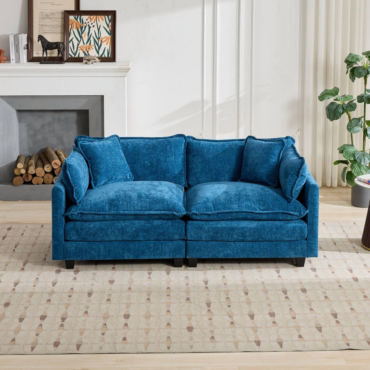 2-SITZER-SOFA aus Chenille mit modularem Design, blau - Blau, Textil (75/84/198cm)