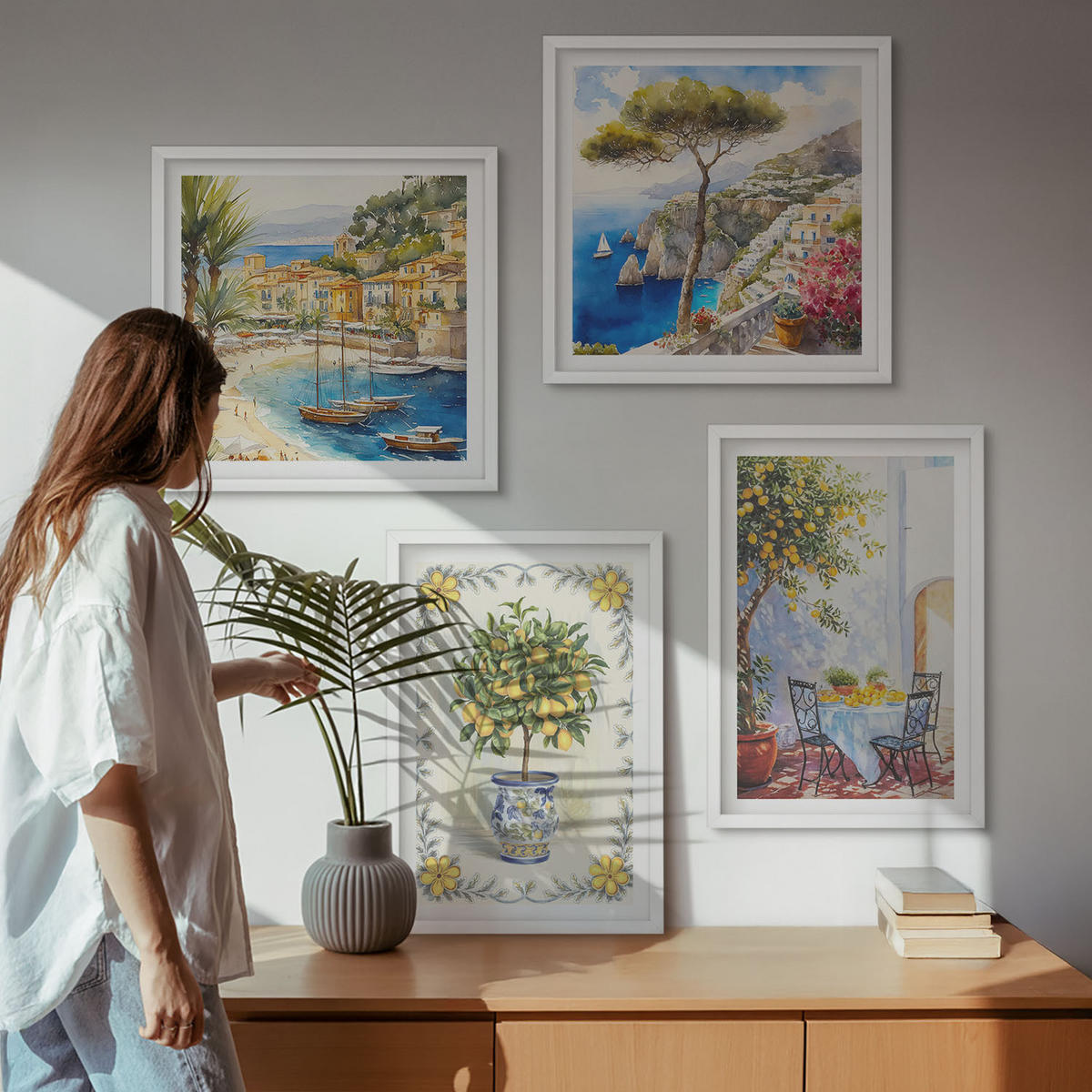 WANDBILDER 4er-Set - 50x50 cm & 40x60 cm Weißer Rahmen - Blick auf das Meer aus Zitronenbäumen - Weiß, Kunststoff (50/50cm) - ArtPrintCave