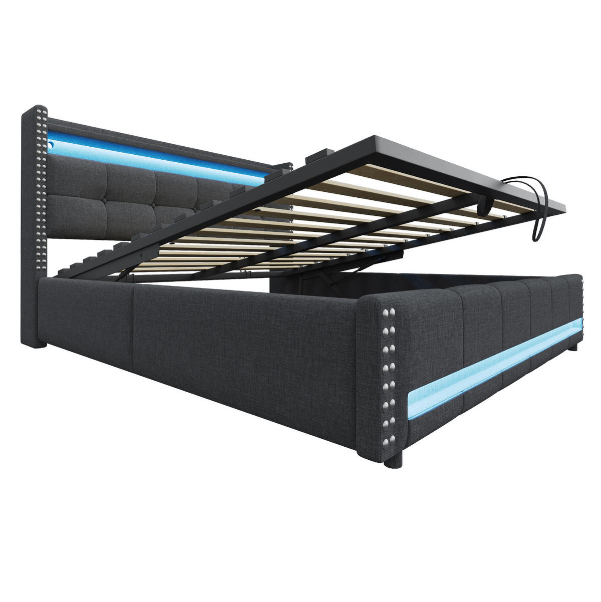POLSTERBETT 180/200 cm Grau mit LED-Beleuchtung und USB-Steckdose - Grau, Textil (180/200cm) - OKWISH