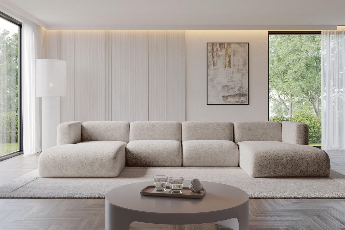 WOHNLANDSCHAFT MIRA-U2 408x179x70 Hellgrau Velours - Hellgrau/Schwarz, Holzwerkstoff/Kunststoff (408/70/179cm) - ALTDECOR