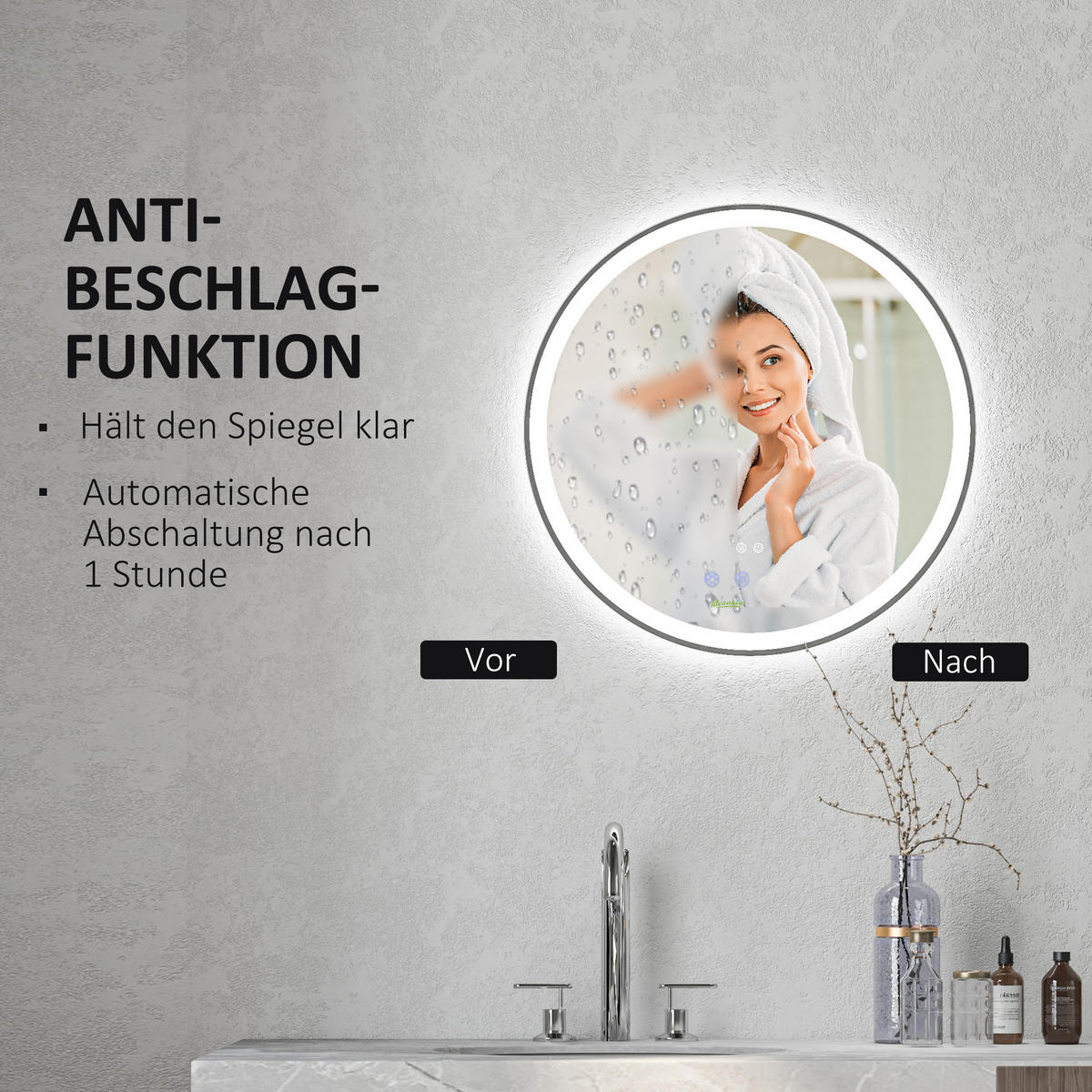 BADEZIMMERSPIEGEL, mit Touch-Funktion, Memory-Funktion, kein Beschlagen - Silberfarben, Glas (3/60/60cm) - Kleankin