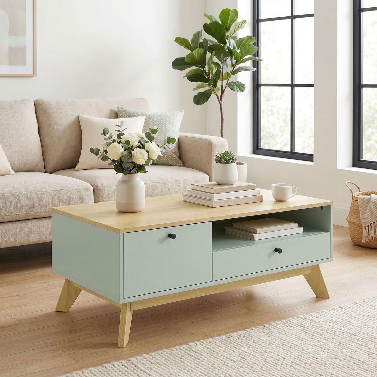 COUCHTISCH DE-15843 mit Schublade & Schrank Grün - Hellgrün, Holzwerkstoff (100/50/40cm) - ComfortXL