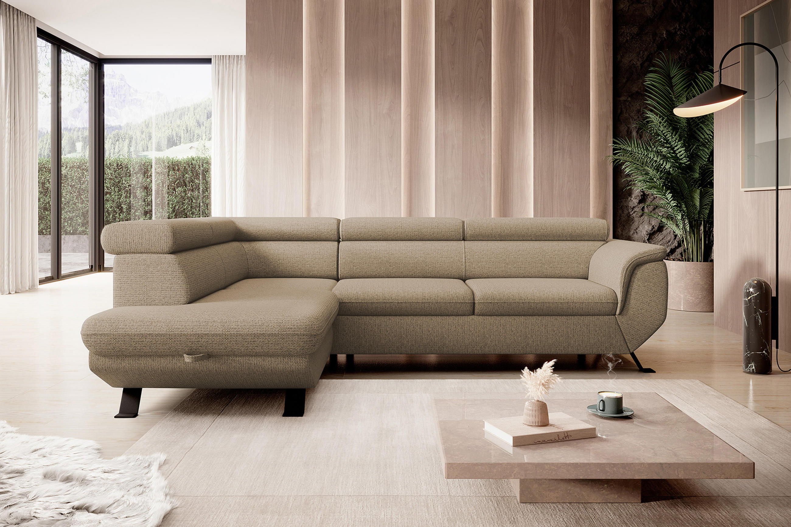 ECKSOFA RAVEN L mit Schlaffunktion und Bettkasten, Freistehend, Polstersofa mit Verstellbaren Kopfstützen, 257x198x96 cm, Linke, Cappucino - Cappuccino, Holz/Textil (198/256cm) - DomoHome