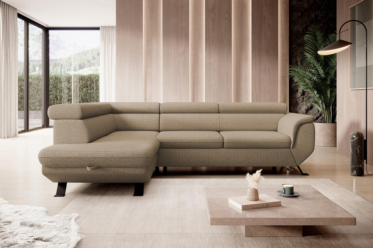 ECKSOFA RAVEN L mit Schlaffunktion und Bettkasten, Freistehend, Polstersofa mit Verstellbaren Kopfstützen, 257x198x96 cm, Linke, Cappucino - Cappuccino, Holz/Textil (198/256cm) - DomoHome