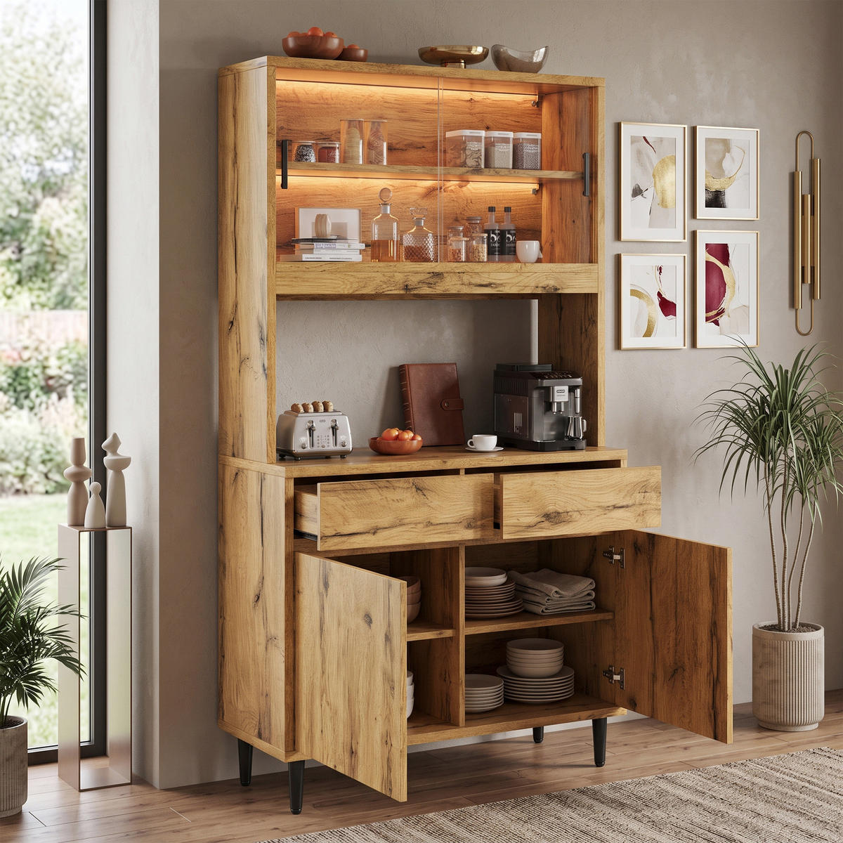 BUFFETSCHRANK 100x40x185 cm, 2 Steckdosen, USB-A/USB-C-Anschlüsse, LED-Lichtleiste, Eiche - Eichefarben, Holzwerkstoff (100/185/40cm) - FOHERE