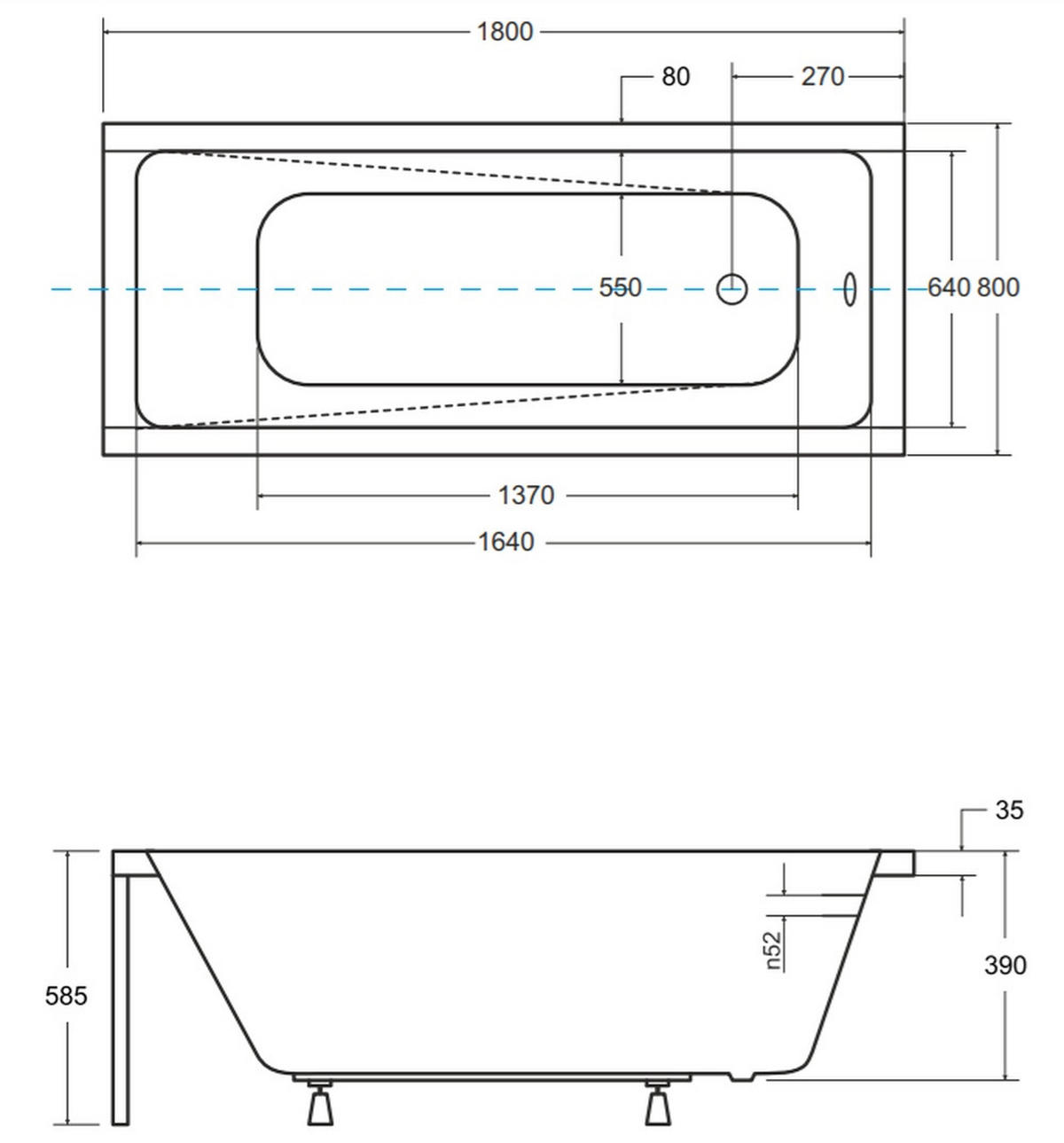 BADEWANNE Rechteck MODERN 180/80 Ablauf & Füße - Weiß, Kunststoff (80/58.5/180cm) - bad land