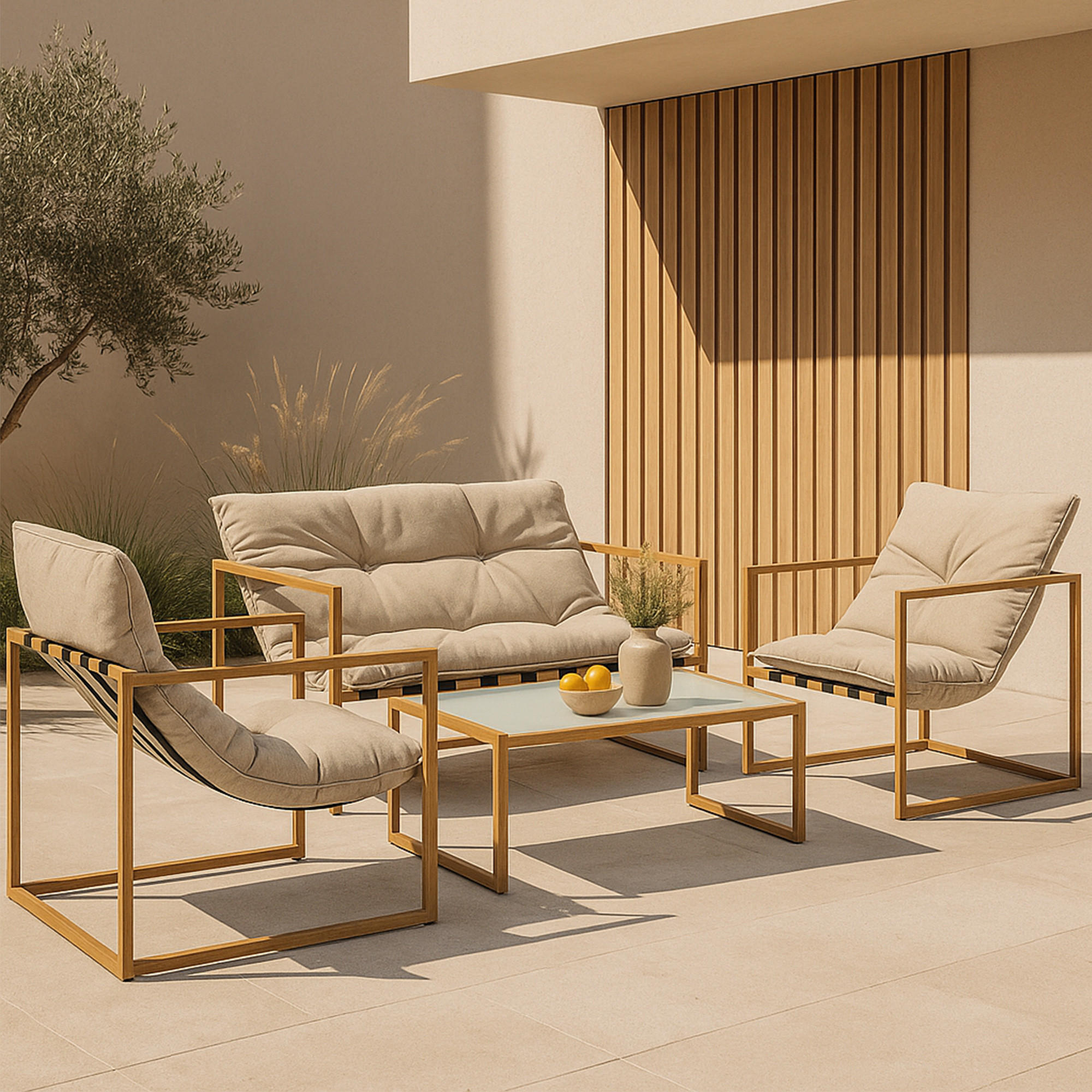 Thumbnail - casa.pro Gartenmöbel-Set, Beige, Metall, 4-teilig, rechteckig, Gartenmöbel, Gartenmöbel-Sets