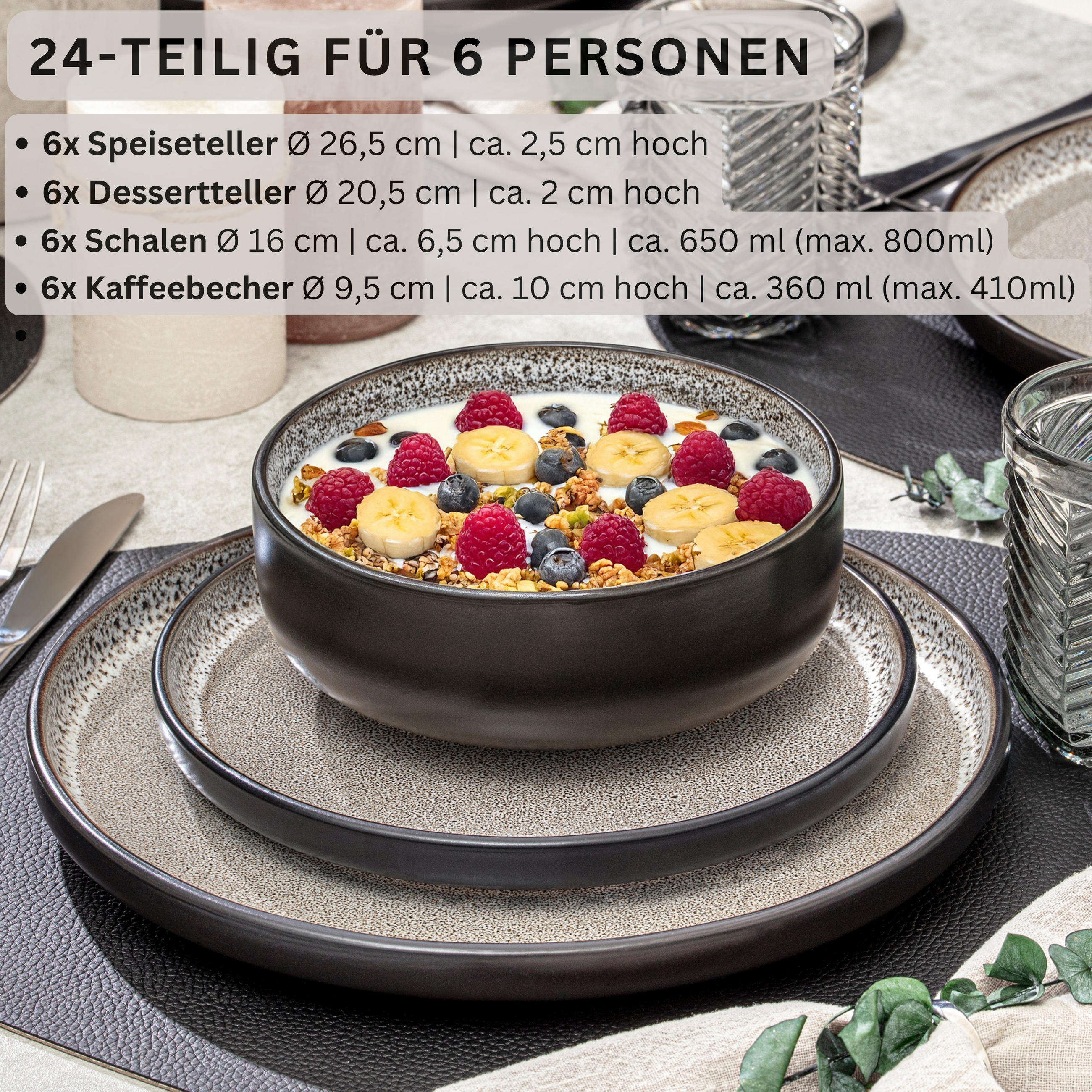 KOMBISERVICE LUXOR - 24 teilig aus Steingut - Beige/Schwarz, Stein (50/30/80cm) - Sänger