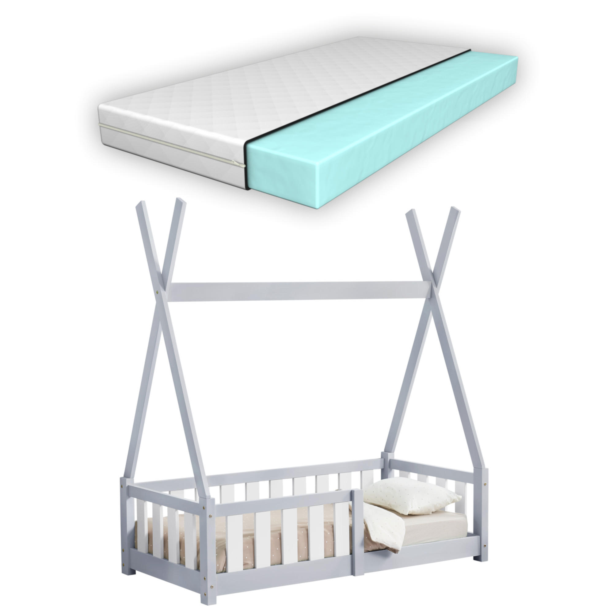 KINDERBETT Helsingborg mit Matratze - Hellgrau, Holz/Textil (70/140cm) - [en.casa]