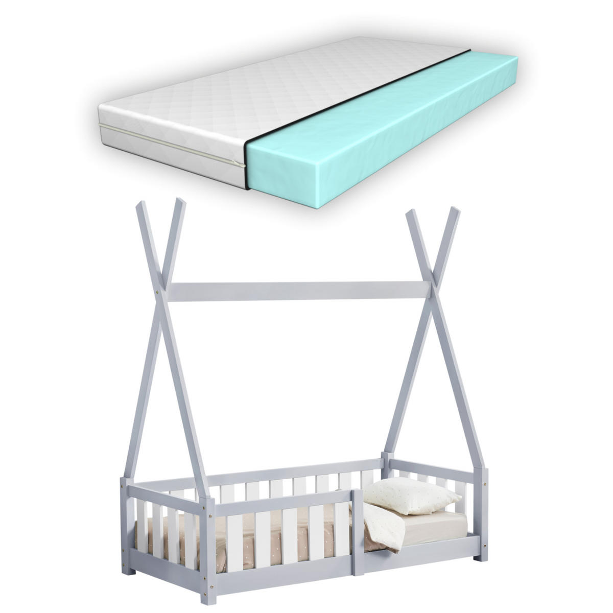 KINDERBETT Helsingborg mit Matratze - Hellgrau, Holz/Textil (70/140cm) - [en.casa]