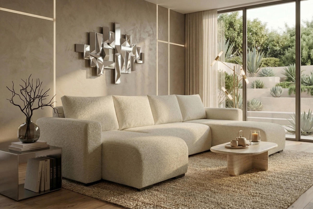 WOHNLANDSCHAFT DORA U mit Bettkasten und Schlaffunktion, U-Form, bequem - Creme, Textil (305/85/140cm) - Storez24