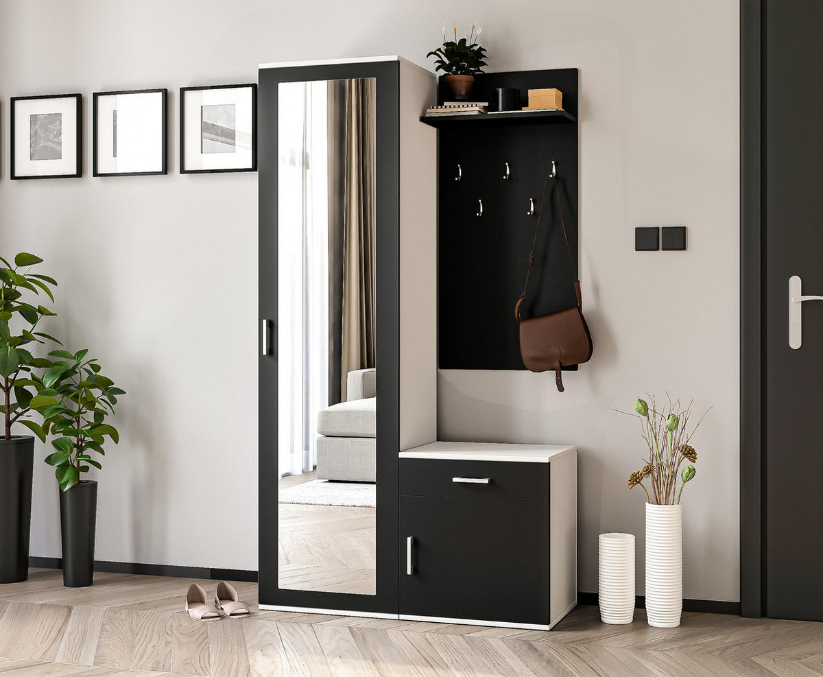 GARDEROBENSCHRANK Magnola Weiß Schwarz 100/180,5/35 cm – Modern, mit Spiegel und viel Stauraum - Schwarz/Weiß, Holzwerkstoff/Kunststoff (100/180.5/35cm) - AX Living