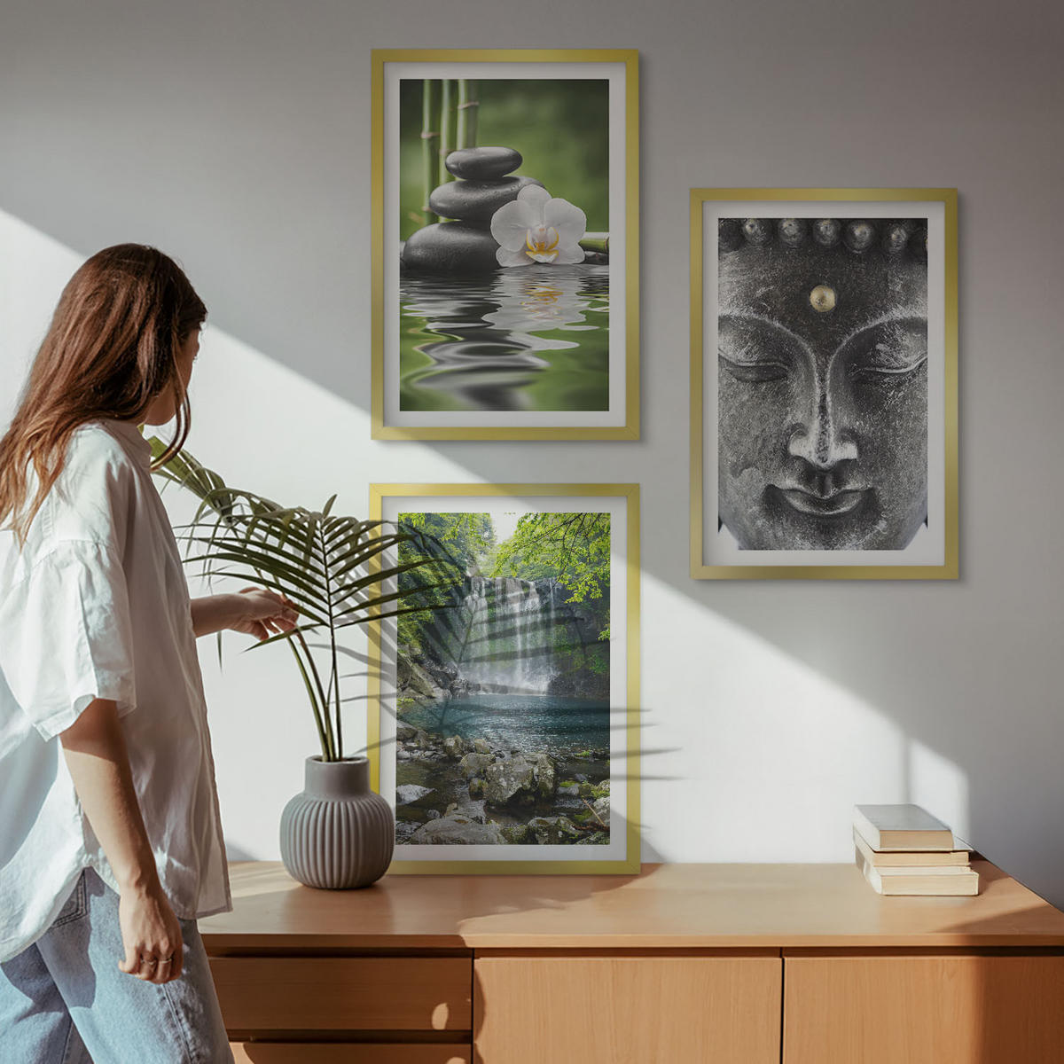 WANDBILDER 3er Set - 40x60 cm Goldrahmen - Harmoniesteine Wasser Buddha - Goldfarben, Kunststoff (40/60cm) - ArtPrintCave