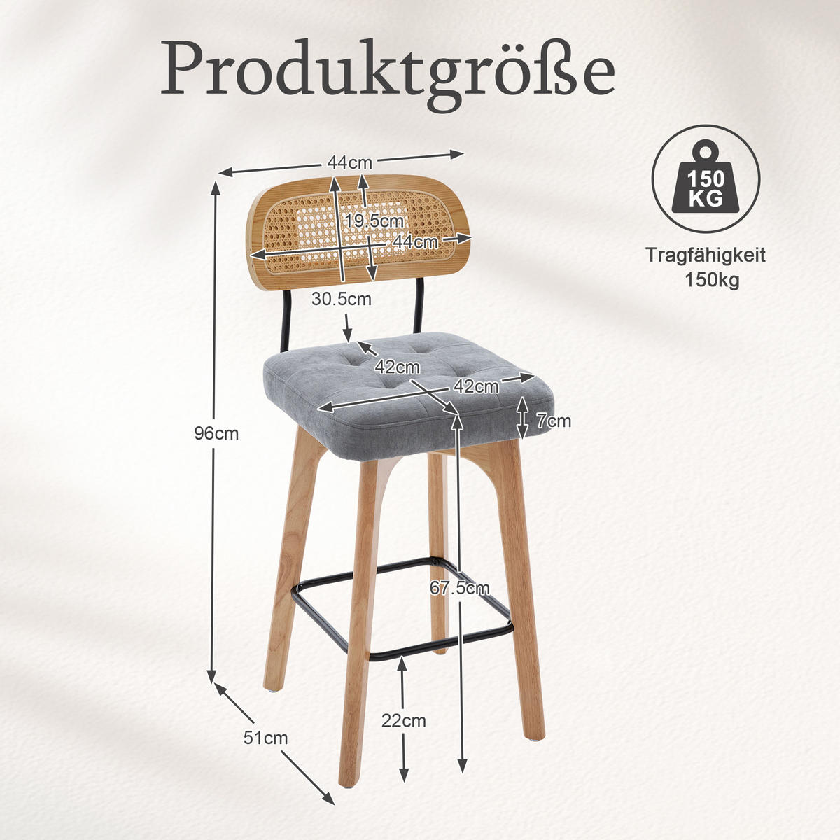 BARHOCKER 2er Set, 360° drehbar, Wiener Geflecht/Chenille, 67,5cm Sitzhöhe, Grau - Wildeiche/Grau, Holz/Textil (44/96/51cm) - LVHOM