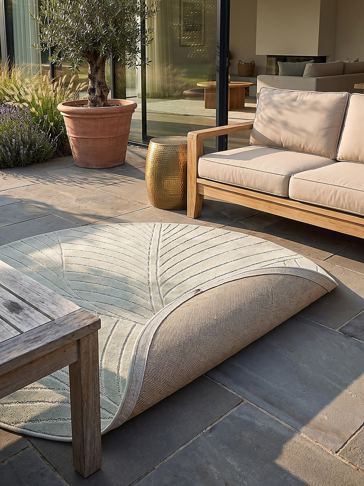 TEPPICH Outdoor, Fußbodenheizung-geeignet, mit Blattmotiv, ENGADIN in Salbeigrün, Ø 200 cm - Grün, Textil (200/200cm) - KADIMA DESIGN