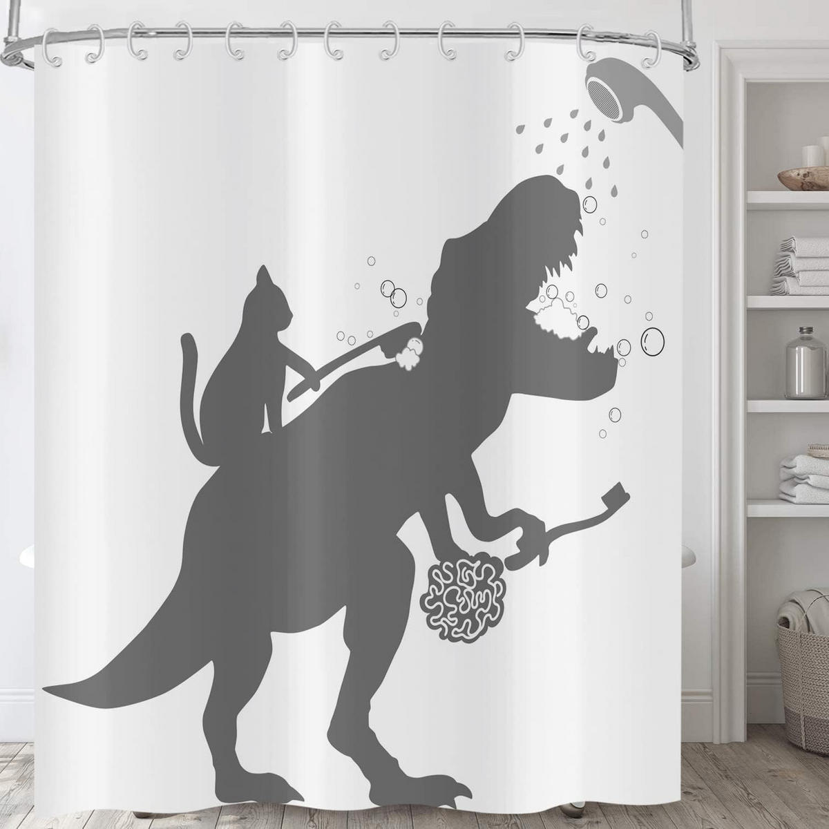DUSCHVORHANG Weiß Katze Dinosaurier lustig waschbar Stoff mit Haken - Weiß, Textil (200/180cm) - MCBOSON