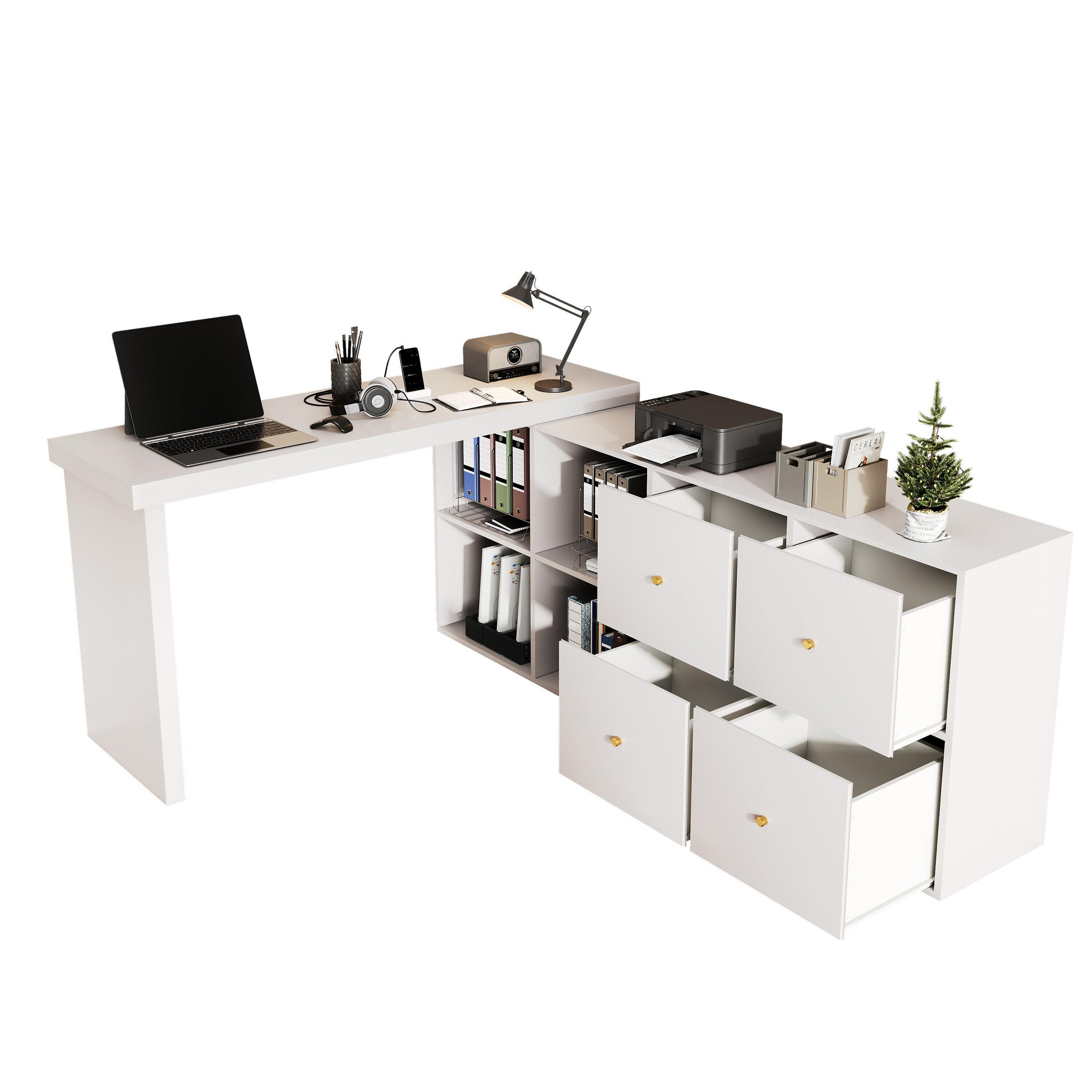 ECKSCHREIBTISCH 360° schwenkbar mit Sideboard und 4 Schubladen - Weiß, Holzwerkstoff (48/120/78cm) - Gisaae