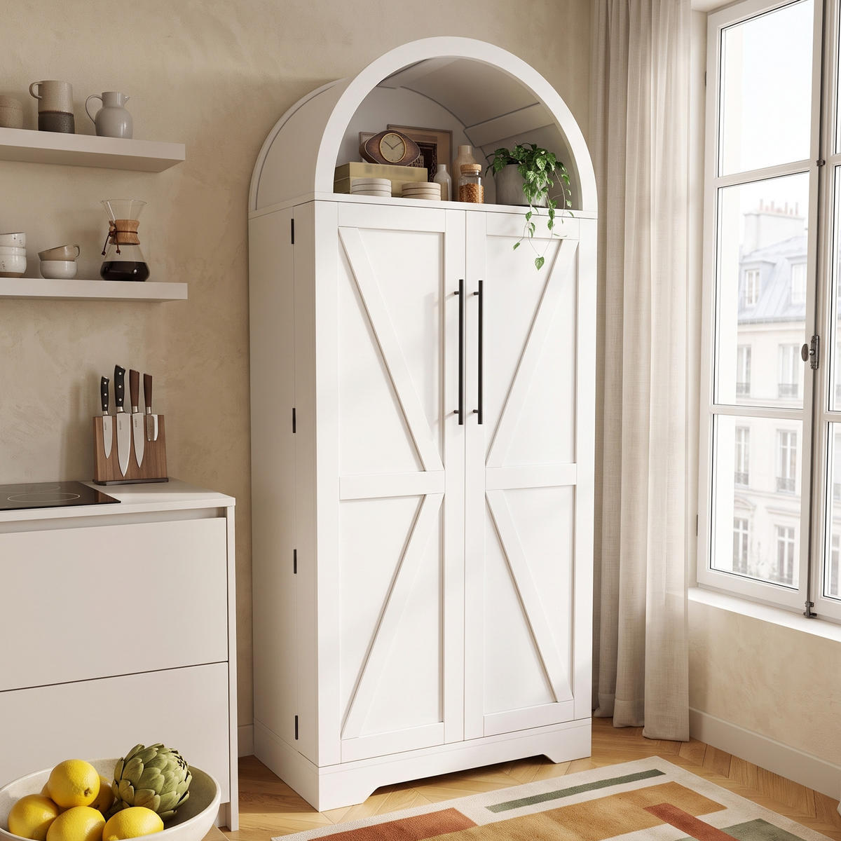 HIGHBOARD Bogenschrank Weiß 165x70x40cm mit Türablagen & offenem Fach Landhausstil - Weiß, Holzwerkstoff (70/165/40cm) - Urban Meuble