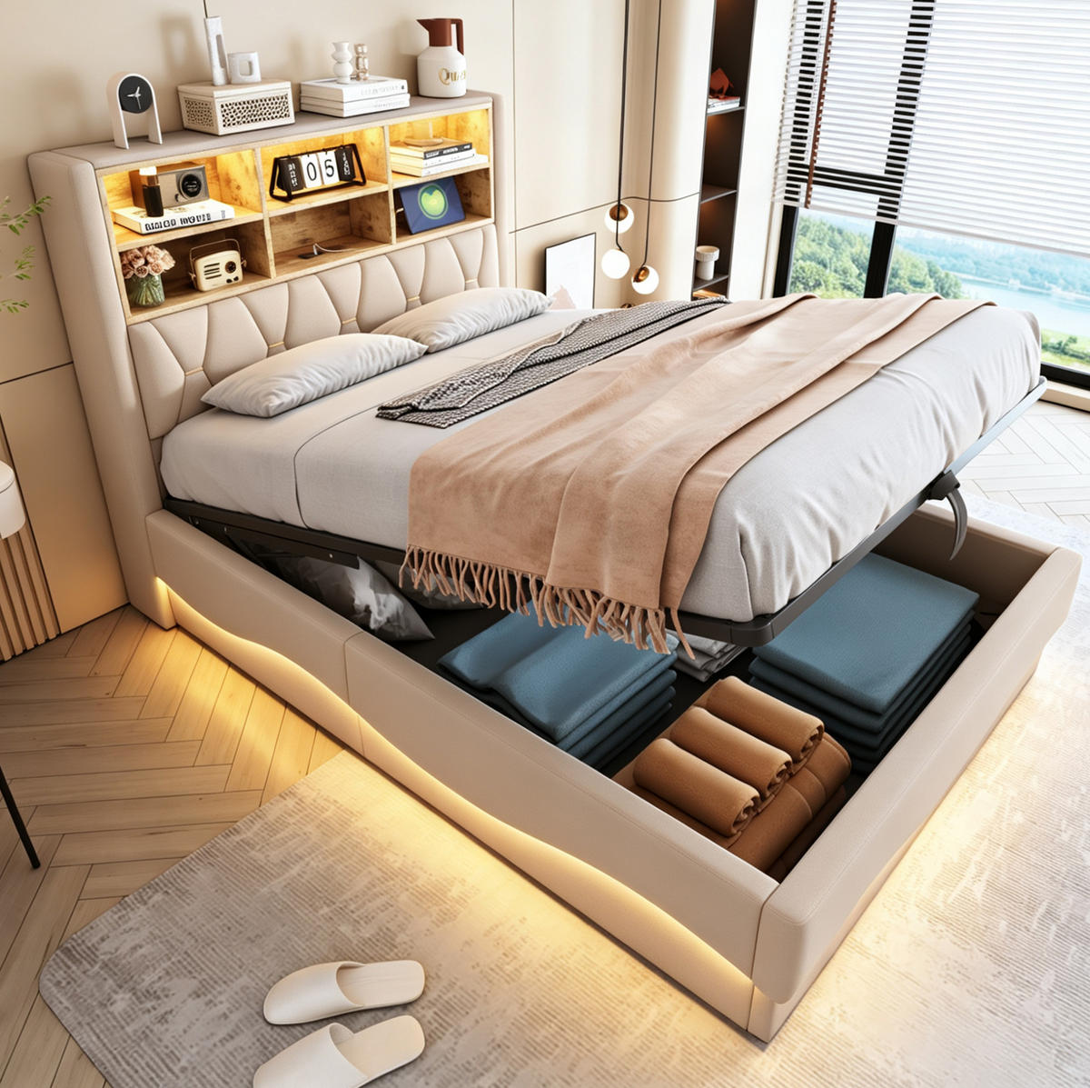 POLSTERBETT 140/200 cm in Beige mit LED-Beleuchtung und Stauraum - Beige, Metall (140/200cm) - Flora Grace