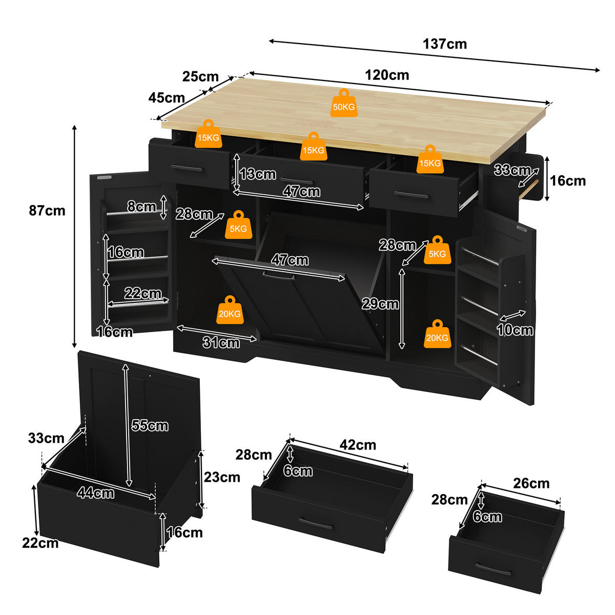 SERVIERWAGEN in Schwarz Kücheninsel mit klappbarer Arbeitsplatte und Rollen für Küchen, B120/T45 (70)/H87cm - Schwarz, Holzwerkstoff (120/87/70cm) - STILVORA
