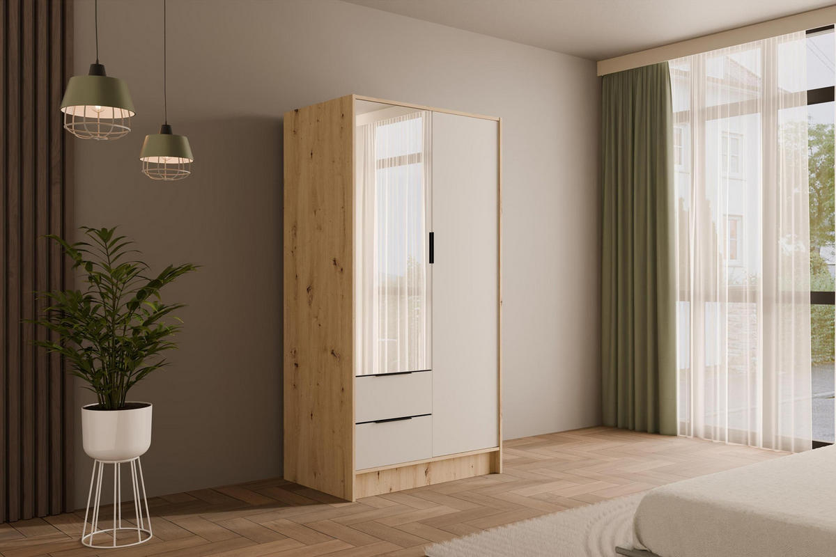 KLEIDERSCHRANK mit Spiegel und Flügeltüren KOLIN 100x200cm Artisan/Weiß - Eiche Artisan/Weiß, Holzwerkstoff (102/200/51cm) - ALTDECOR