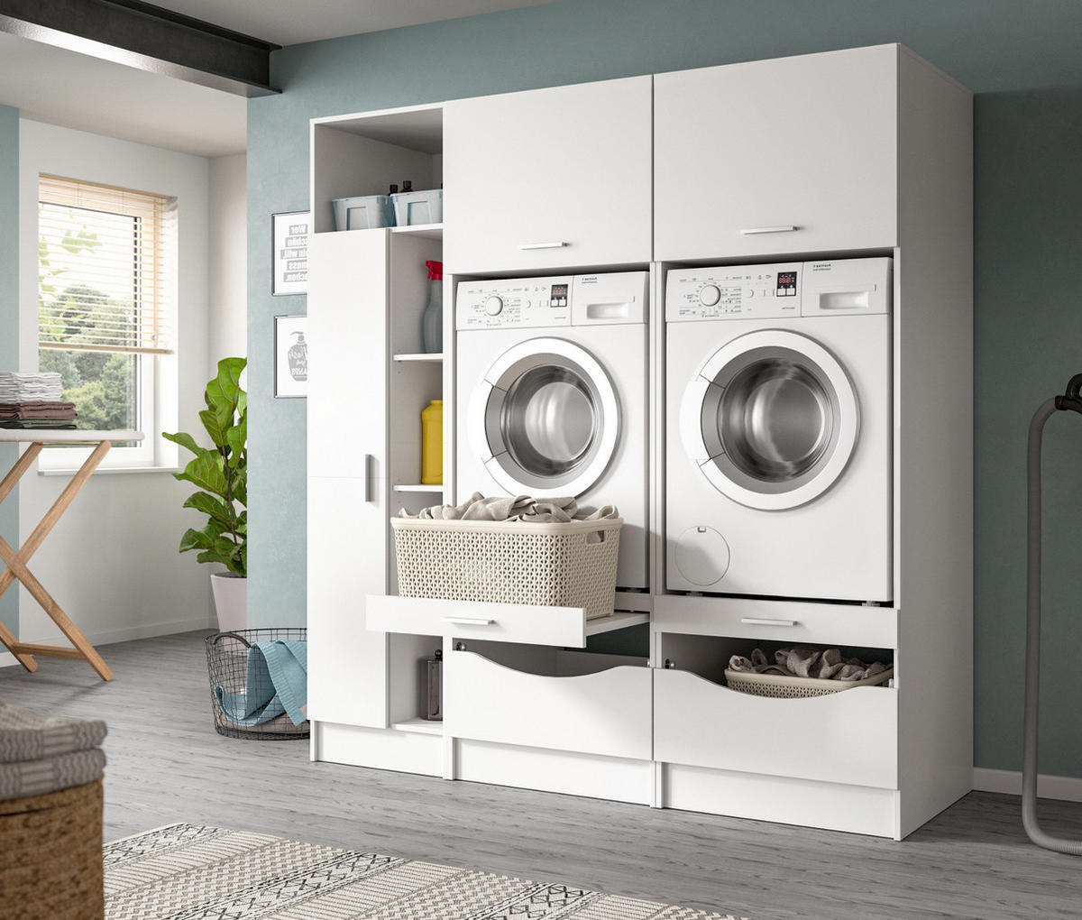 WASCHMASCHINENSCHRANK weiß Set 3-teilig, Waschmaschinenumbau 182 cm mit viel Stauraum - Silberfarben/Weiß, Glas/Holzwerkstoff (182/195/68cm) - Inn.Furn
