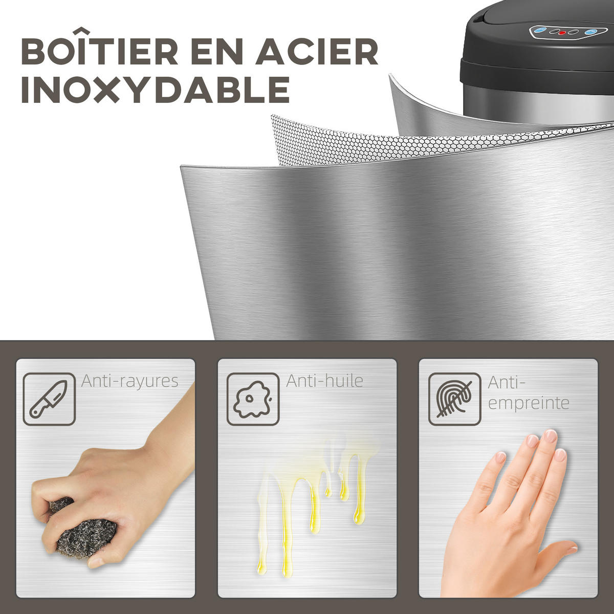 MÜLLEIMER DE-17682 30L mit berührungsloser Öffnung Silber - Silberfarben, Metall (30.5/51/32cm) - ComfortXL