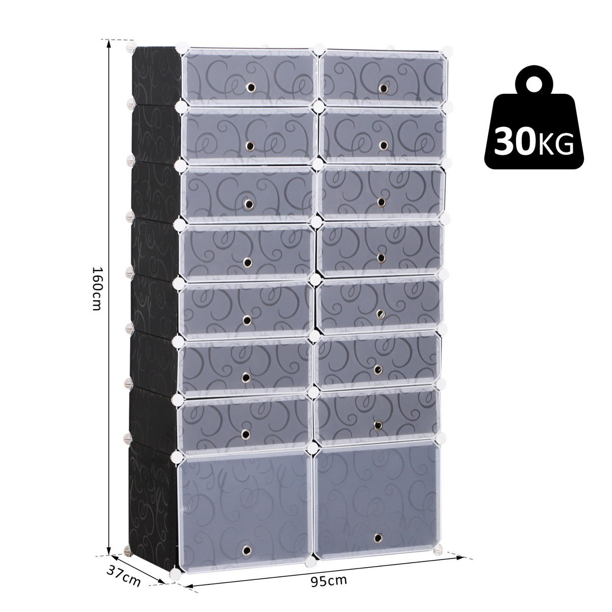 SCHUHSCHRANK DE-15474 95/37/160 cm, 14+2 Würfel, bis 32 Paar Schwarz/Weiß - Schwarz, Kunststoff (95/160/37cm) - ComfortXL