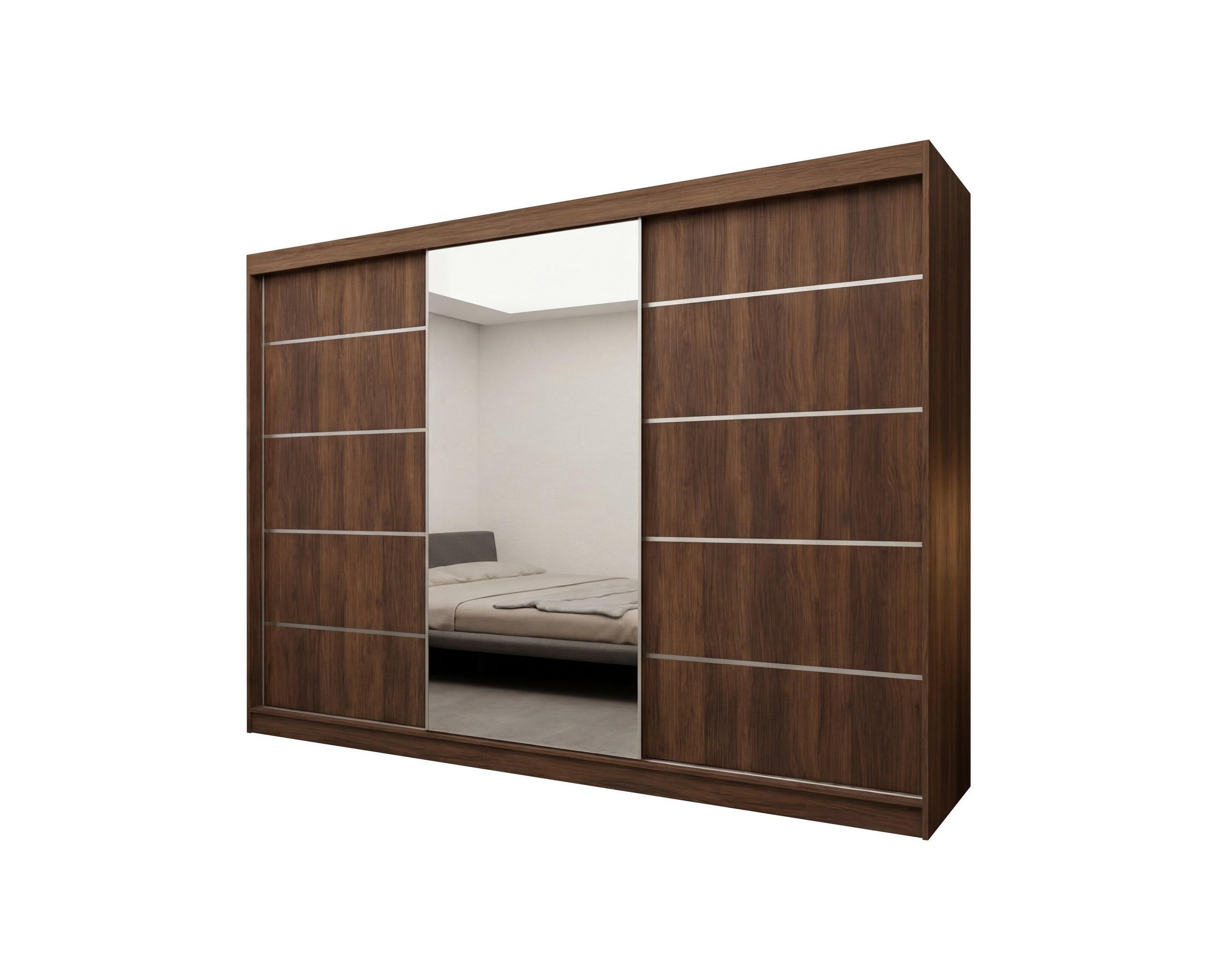 SCHWEBETÜRENSCHRANK MIRELLA 240/216/61 cm Modern Kleiderschrank 3-türig mit Spiegel Nussbaumfarben - Nussbaumfarben, Holzwerkstoff (240/216/61cm) - MASSENO