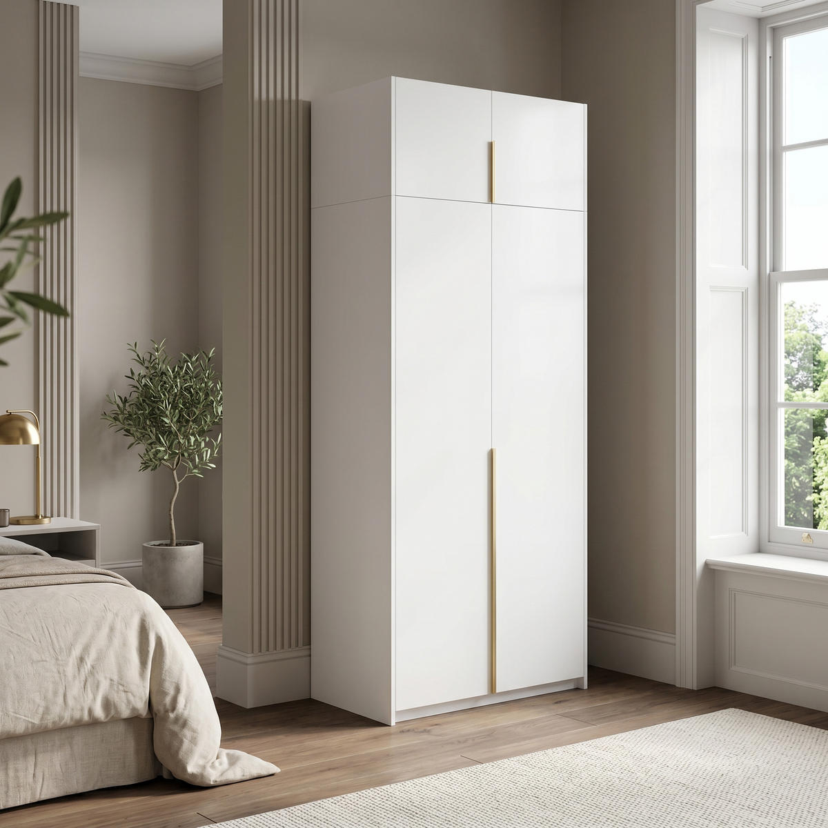 DREHTÜRENSCHRANK AMARA 100/250/58cm 2-türig Weiß - Goldfarben/Weiß, Holzwerkstoff (100/250/58cm) - MASSENO