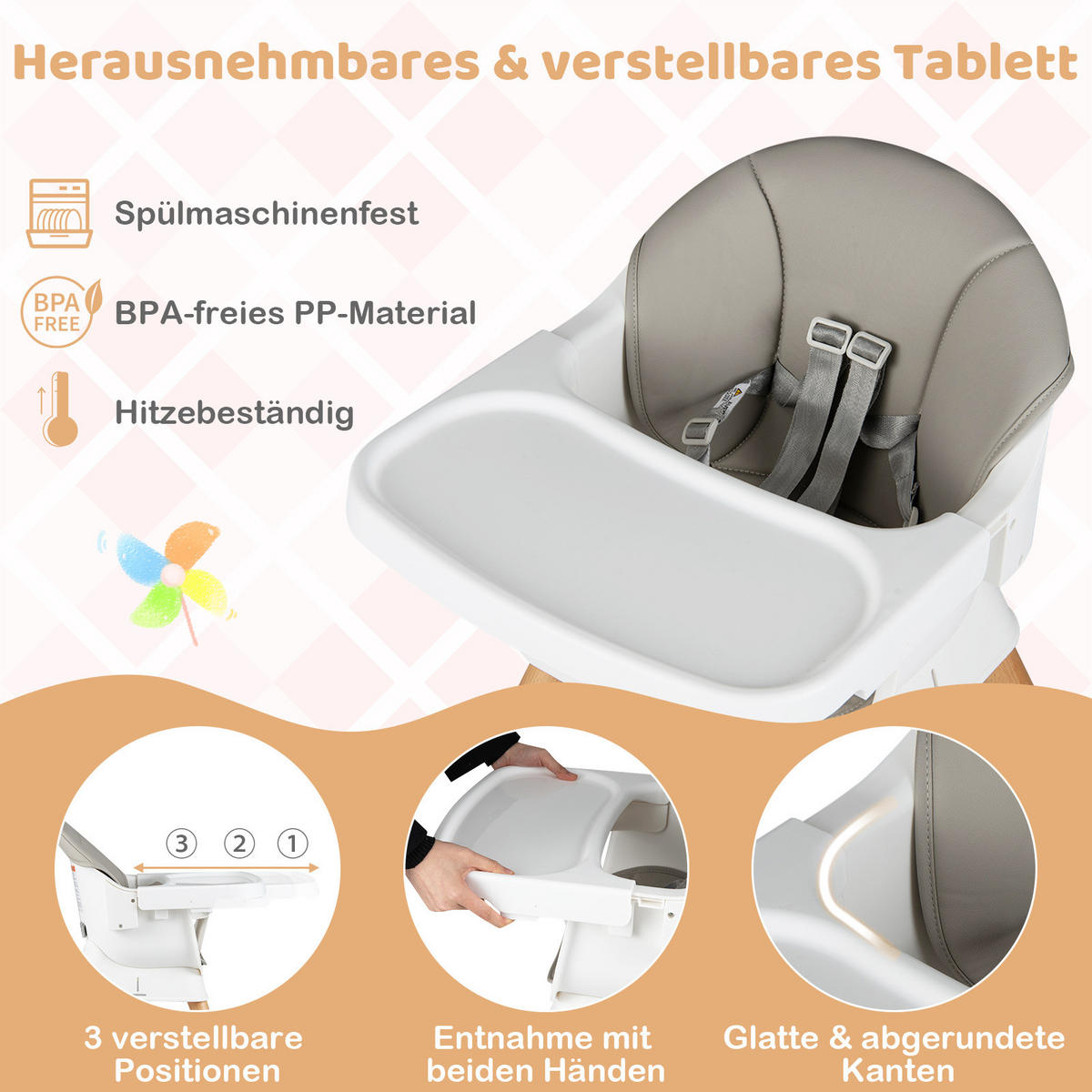 KINDERHOCHSTUHL mit Sitzerhöhung grau - Grau, Kunststoff (64/95/64cm) - COSTWAY