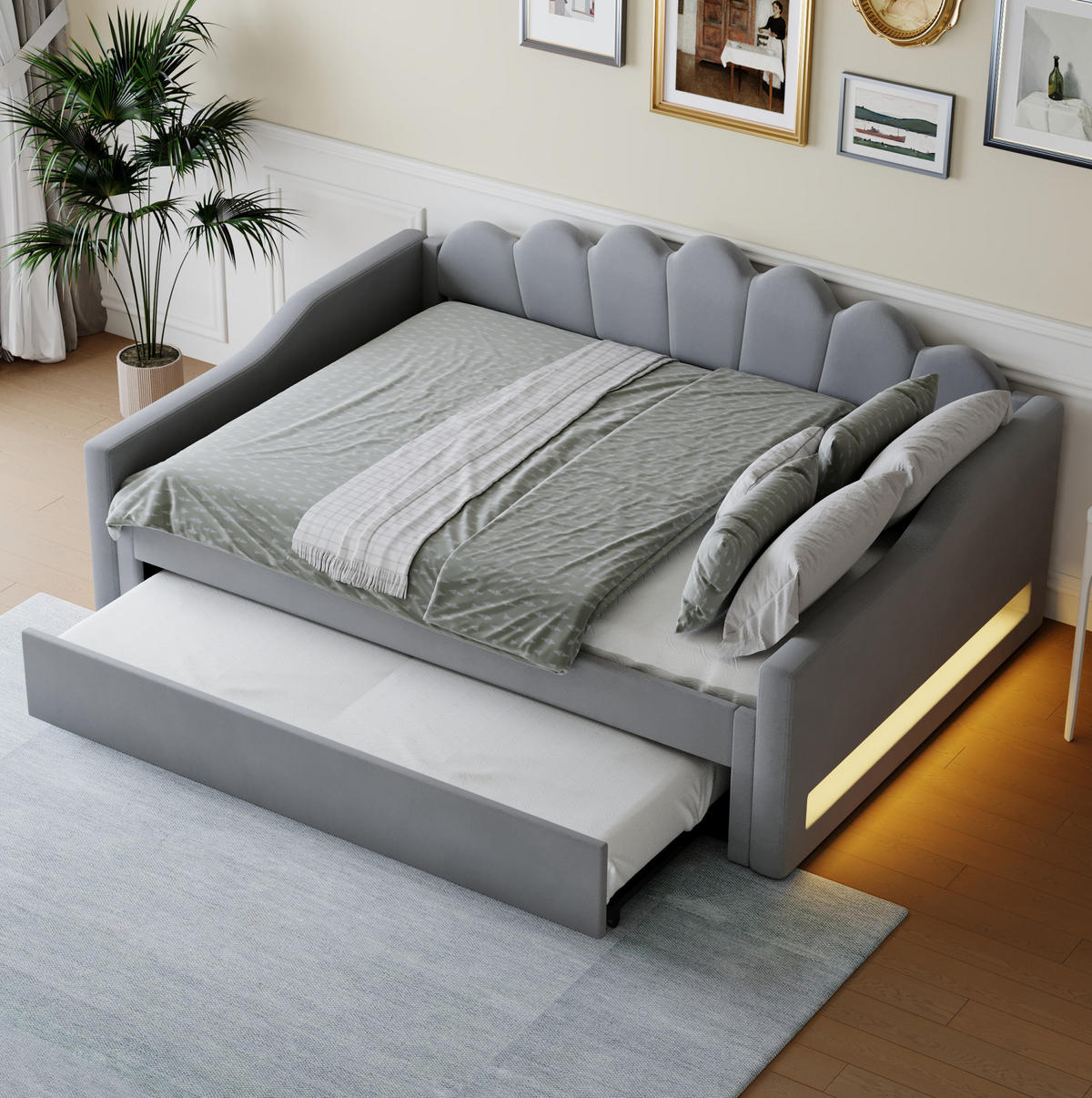 POLSTERBETT 140/200 cm aus MDF und Sperrholz mit Leinenpolsterung LED-Beleuchtung und Ausziehbett Grau - Grau, Holzwerkstoff (140/200cm) - Modenvie