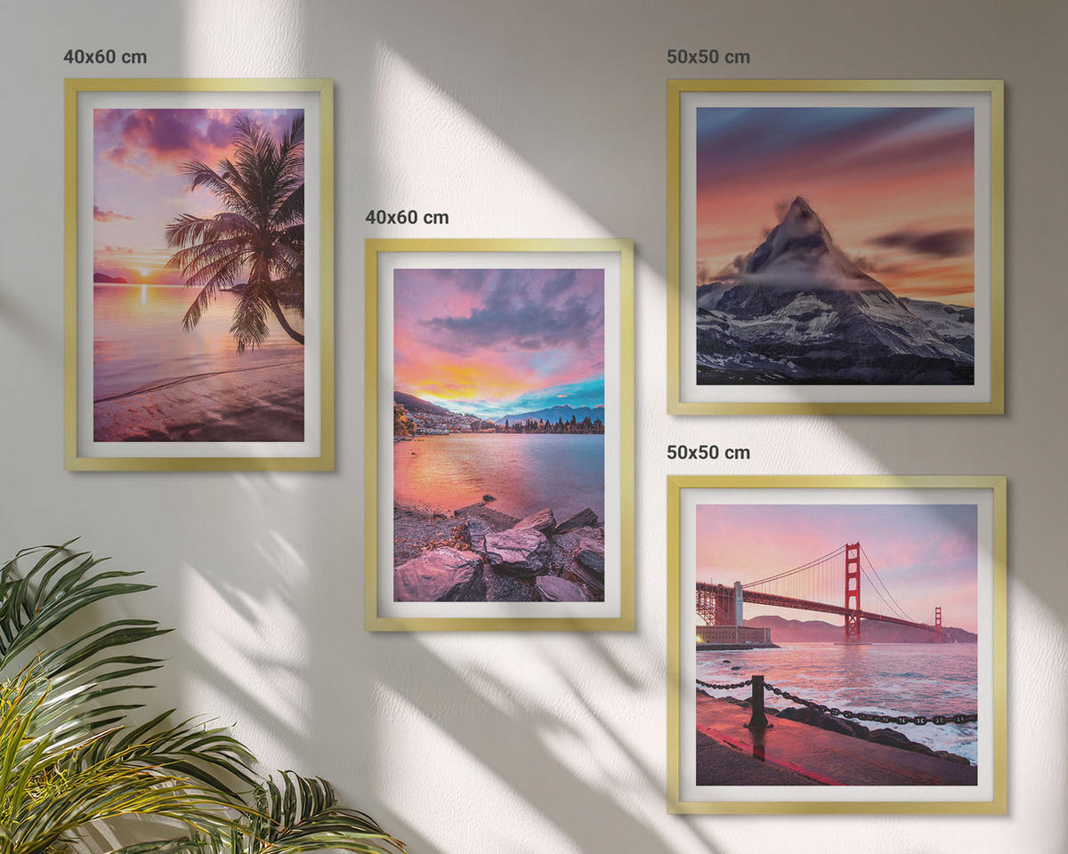 BILDER SET 4er Set - 50x50 cm & 40x60 cm Goldrahmen - Sonnenuntergangsbrücke Landschaft - Goldfarben, Kunststoff (50/50cm) - TULUP