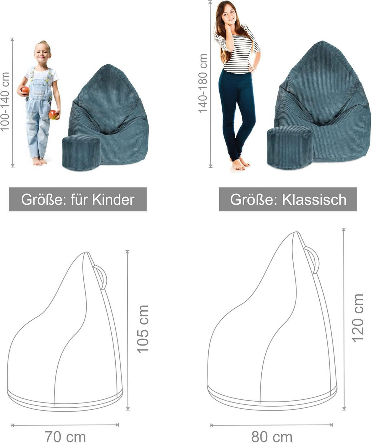 SITZSACK MIT FUßSTÜTZE Kordsamt 2-tlg Ocean Depths M - Blau, Textil (80/120/80cm) - Dreamroots