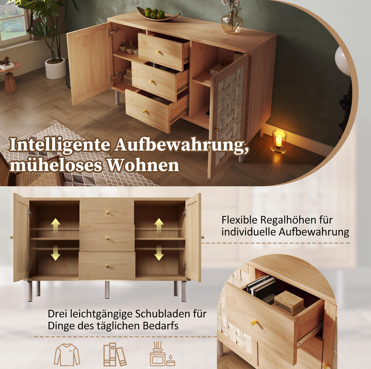 KOMMODE 120/40/75 cm in Eichefarben mit 2 Türen, 3 Schubladen und Metallbeinen - Nussbaumfarben, Holzwerkstoff (120/70/40cm) - Flora Grace