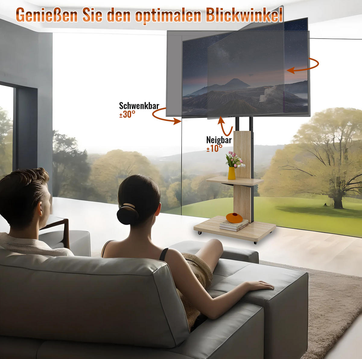 TV-STÄNDER 60/40 cm höhenverstellbar mit schwenkbarer Halterung, Rollen und Ablagen aus MDF und Metall, Natur - Hellbraun, Holzwerkstoff (60/150/40cm) - Redom