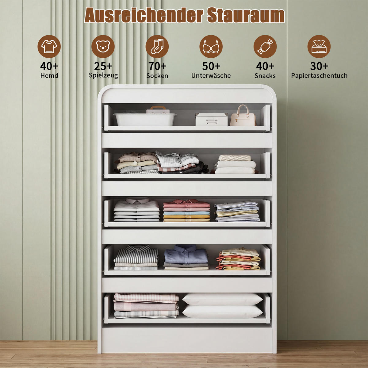 KOMMODE 5 Schubladen mit LED-Beleuchtung, Weiß,73x40x110 cm - Weiß, Holz (40/110/73cm) - PARAFTA HOME