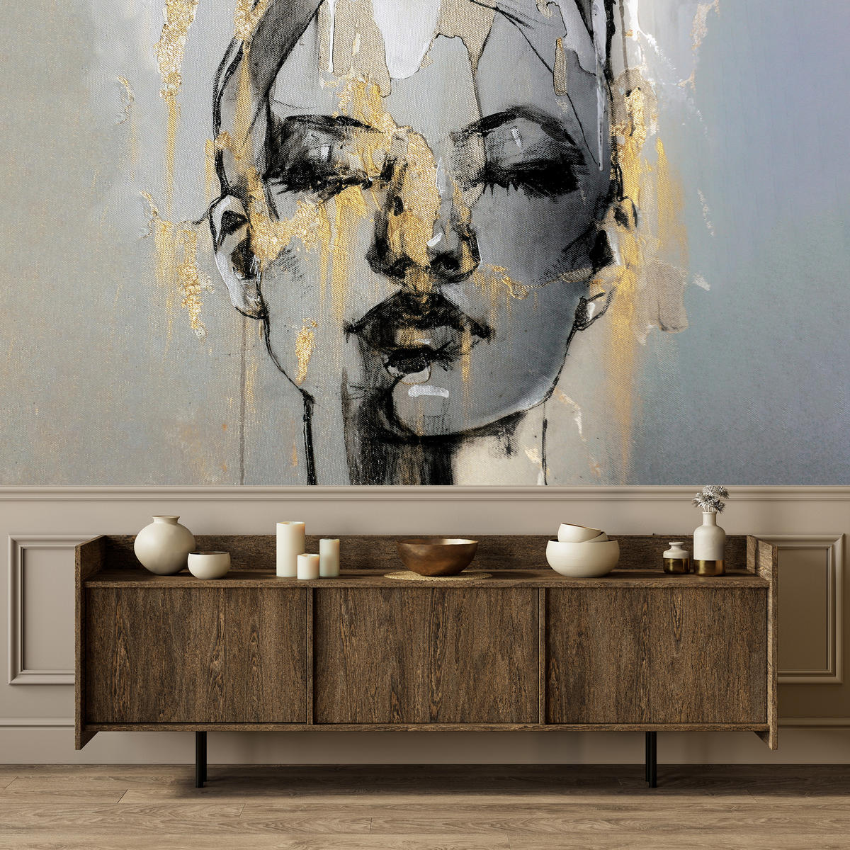 FOTOTAPETE für Wohnzimmer Frau Abstraktes Porträt Beton Modern Gold 200x140 - Gelb/Goldfarben, Papier (200/140cm) - Muralo