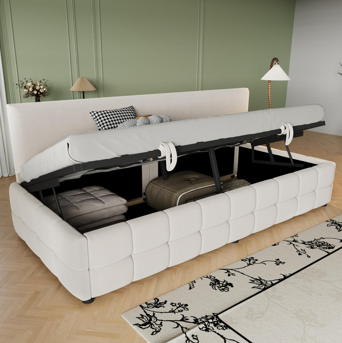 POLSTERBETT Schlafsofa 90/200 cm aus Samt mit hydraulischem Stauraum Beige - Beige, Textil (90/200cm) - Modenvie