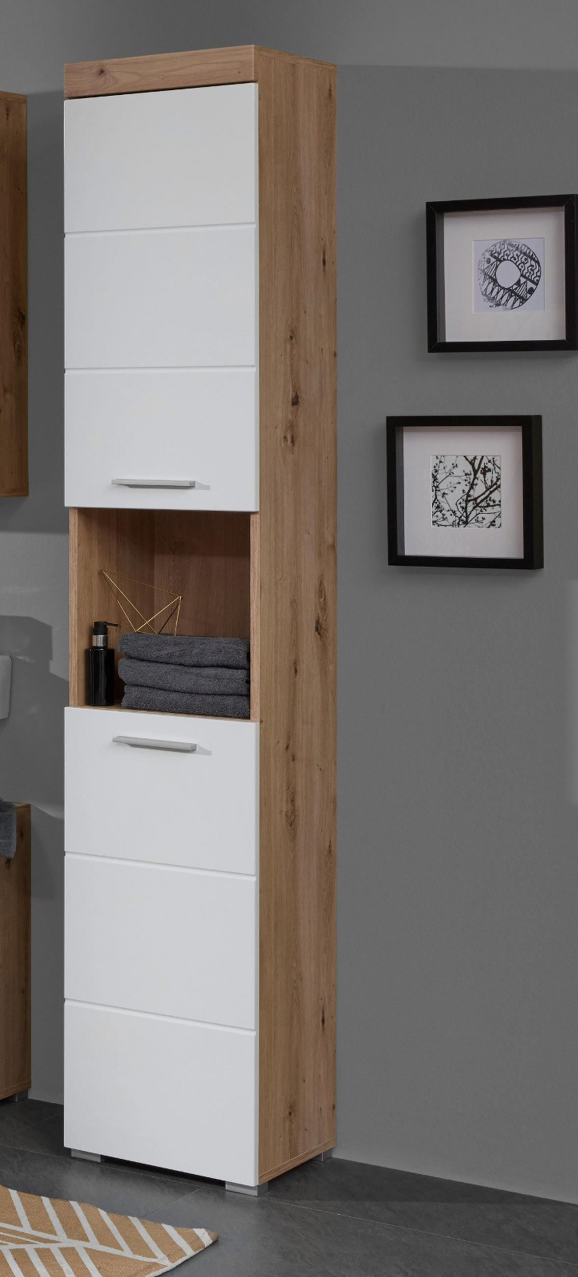 HOCHSCHRANK weiß Hochglanz, Asteiche 37 cm, Badschrank in modernem Design - Eichefarben/Weiß, Holzwerkstoff/Kunststoff (37/190/31cm) - Top.Furn