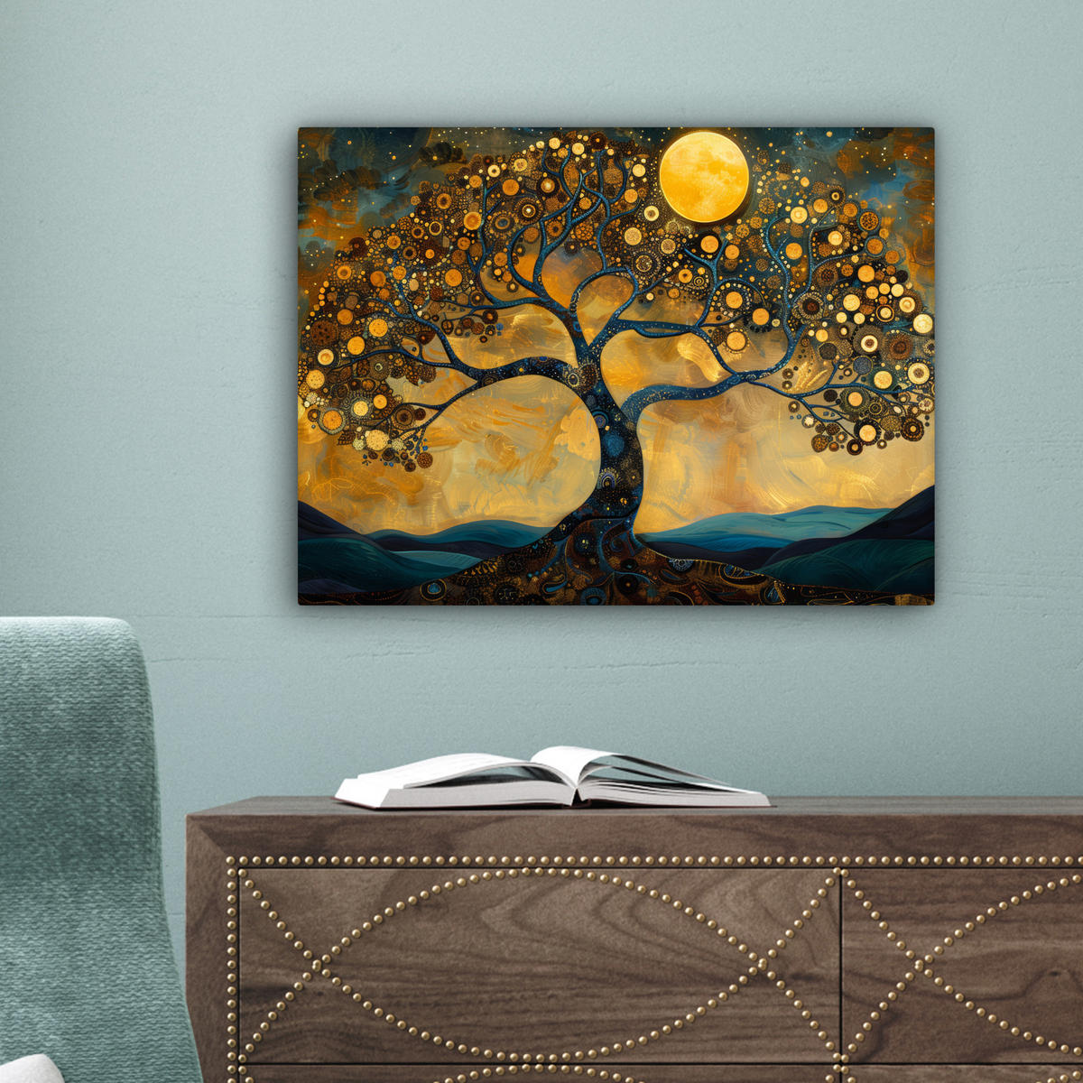LEINWANDBILD Baum - Mond - Blumen - Gold - Kunst Wandbild 40x30 cm - Orange, Textil (40/30cm) - MuchoWow