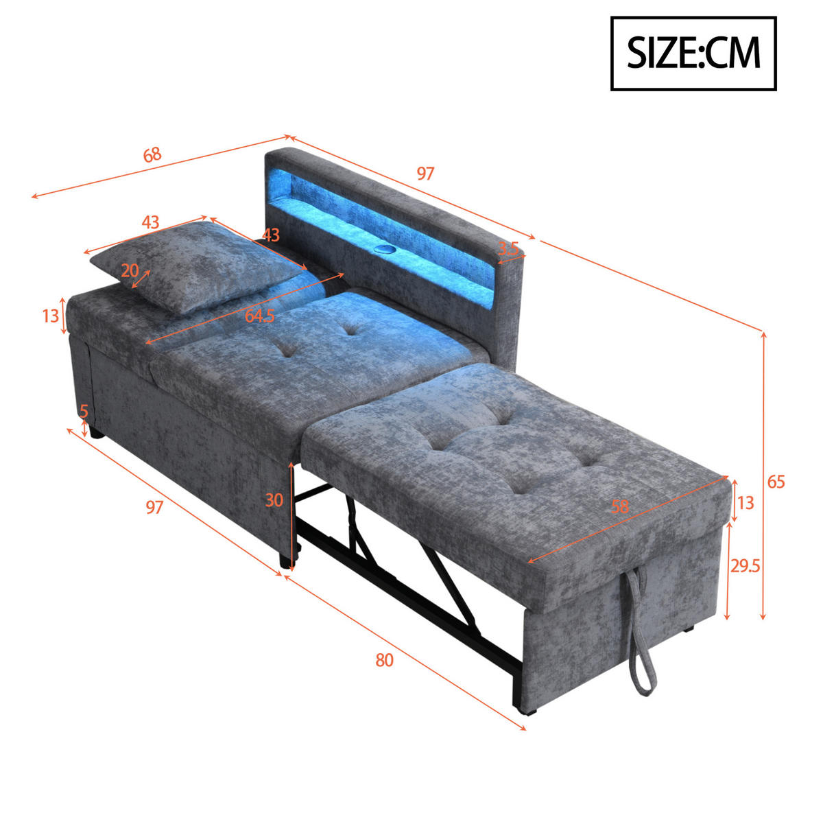 ROZKLÁDACÍ pohovka s lněným potahem, 177/68/65 cm světle šedá, 3 v 1 s LED a USB - světle šedá, kůže (177/65/68cm) - BEAOK