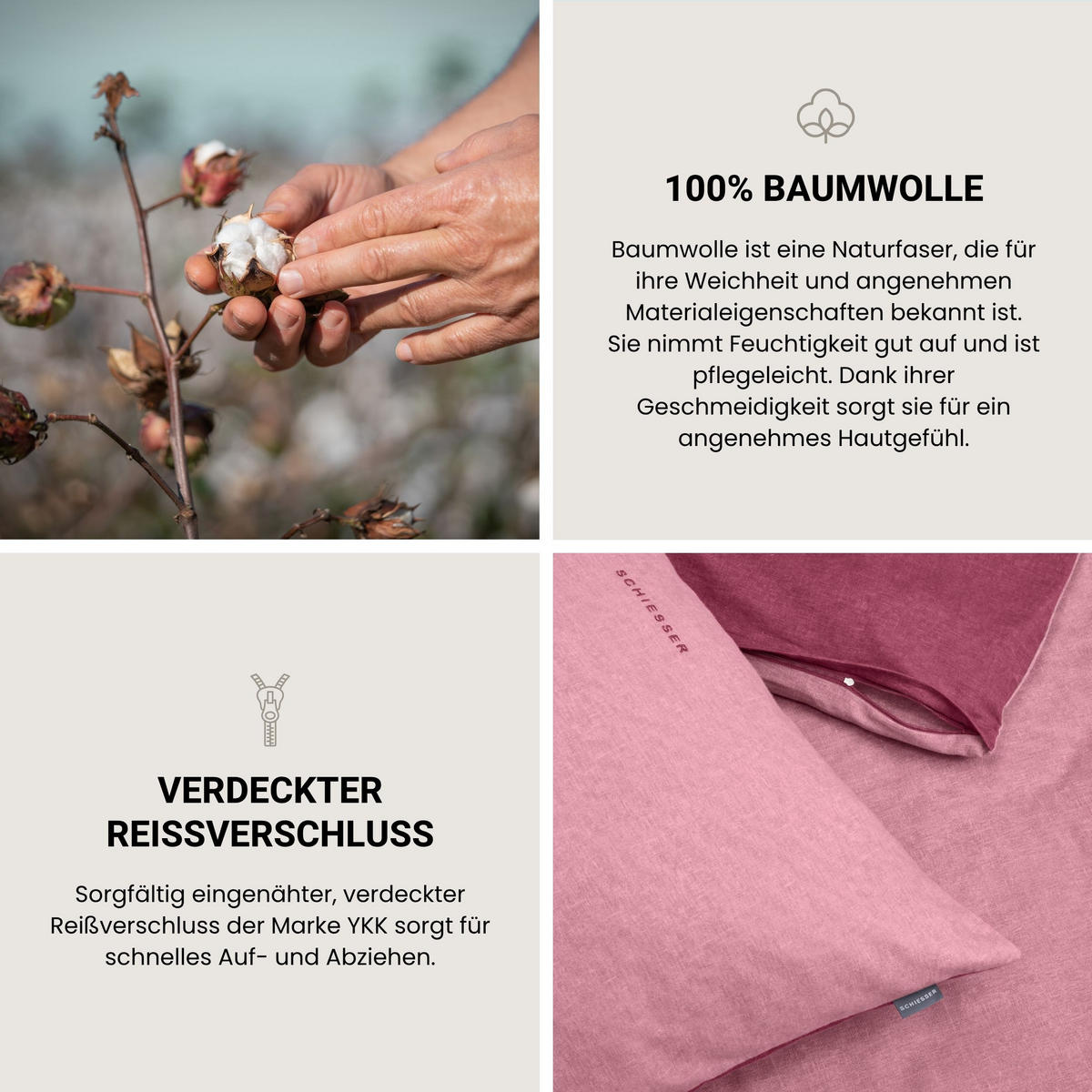 BETTWÄSCHESET Doubleface Feinbiber 2-teilig 155x220 cm Rosa - Rosa, Textil (155/220cm) - SCHIESSER