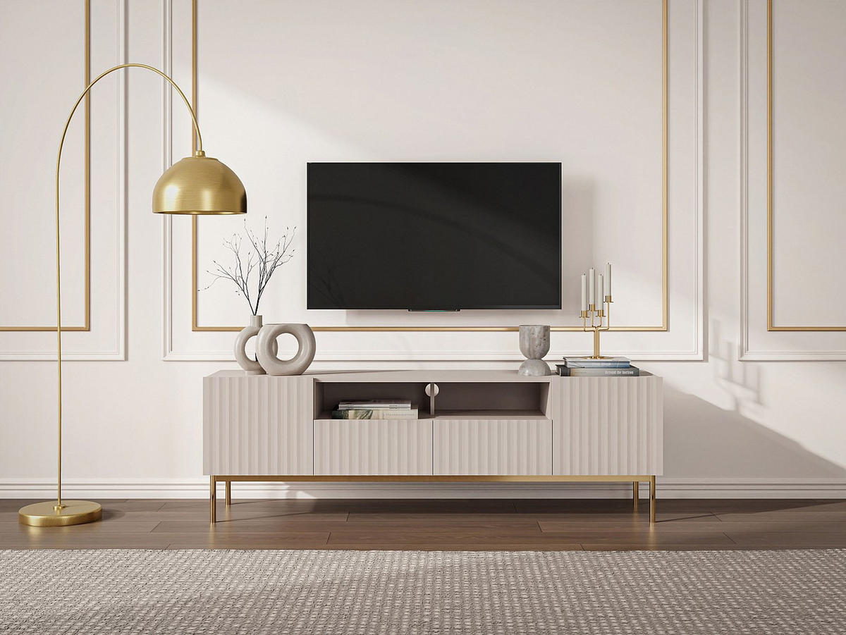 TV-MÖBEL - 2 Türen, 2 Schubladen und 2 Ablagefächer - MDF und Stahl - Beige und Goldfarben - EVILANA - Beige, Holz (190/60.6/45cm) - Vente-Unique